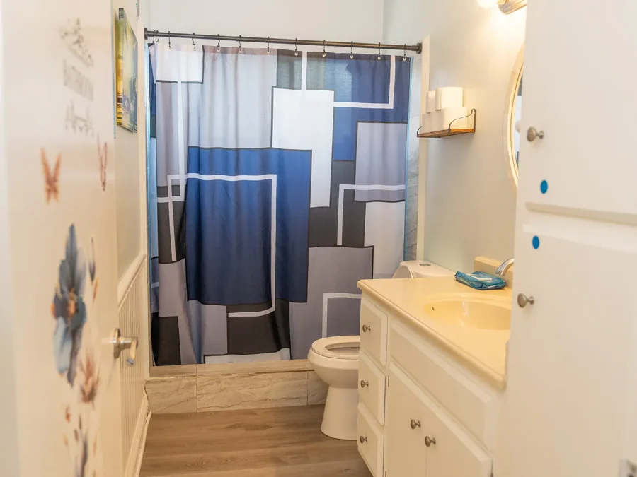 Accessible bathroom with wood-look flooring, white vanity, and modern shower curtain in blue and gray geometric pattern